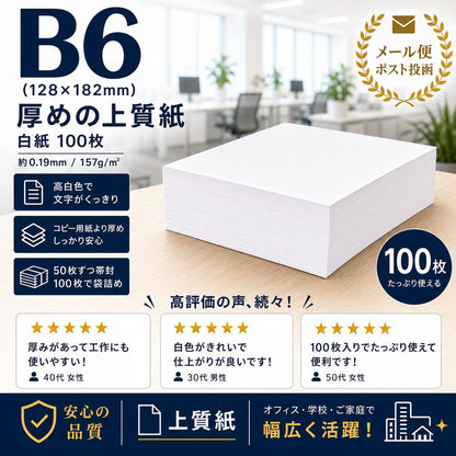 厚紙 100枚 【 B6サイズ 】 厚口画用紙 工作用紙 厚めの紙 白 ホワイト 画用紙 送料無料 工作 ペーパークラフト 普通紙 ＯA用紙 共用紙 印刷用紙 コピー用紙 【日時指定不可】